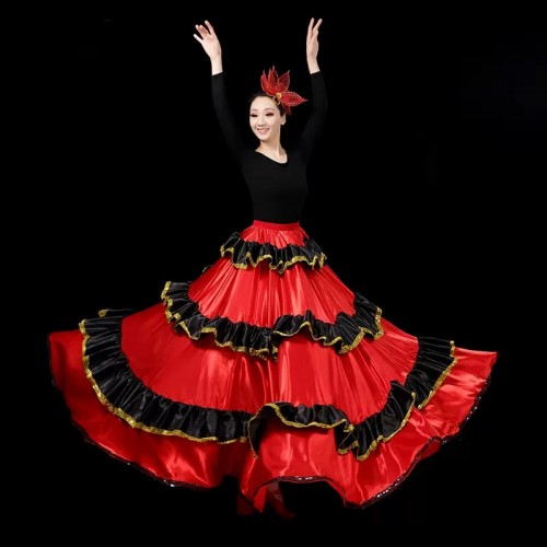 Red with black striped flamenco dance skirts for women girls paso double spanish bull dance long skirts for female